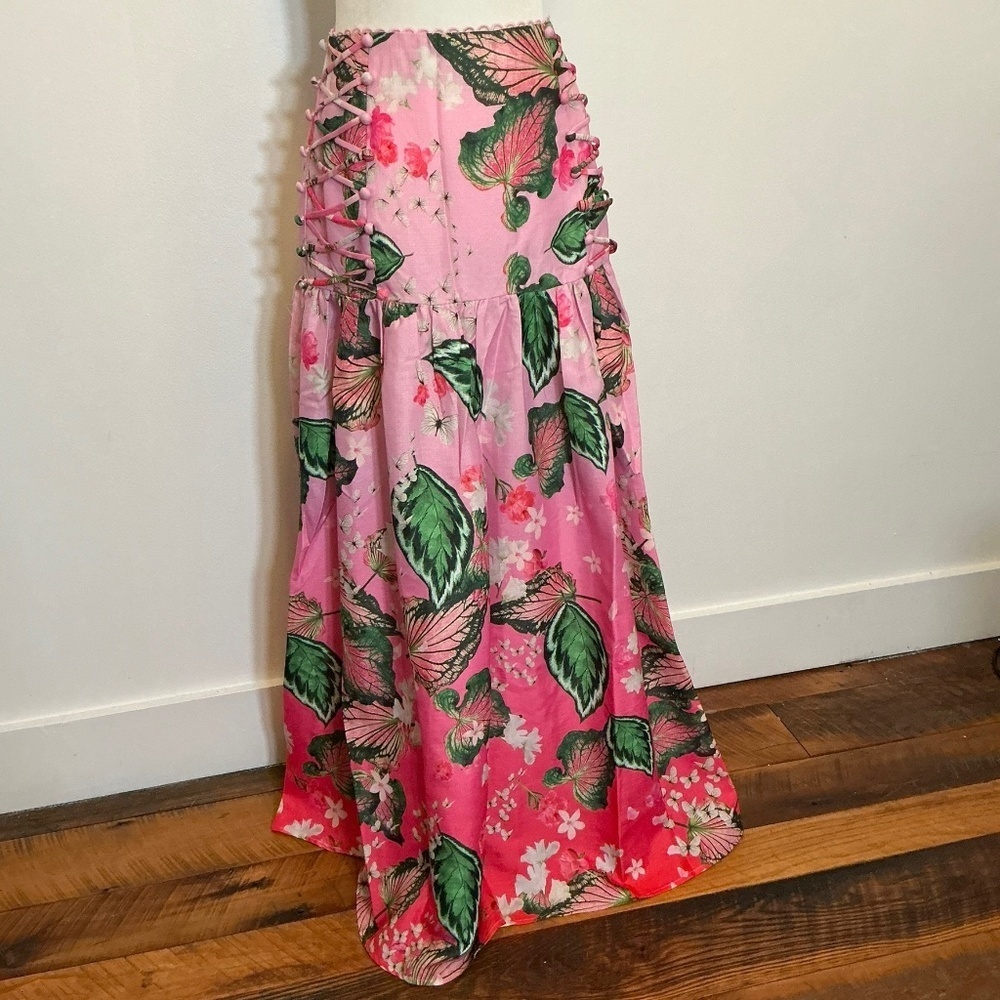 L’Atiste by Amy Pink Ombre Floral Butterfly Lace-Up Maxi Skirt – Size S
